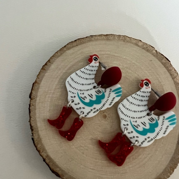 1970's Inspired Chicken in Boots Dangle Earrings - Colorful Retro Drop Earrings - Picture 13 of 14